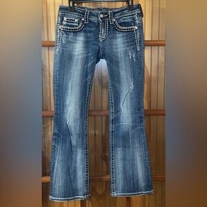 Blue Boot Cut Denim Jeans with Embellished Pockets